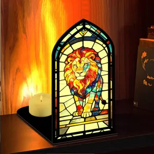 Fermalibri angolo lettura leone in vetrate luce notturna legno mensola decorativa.