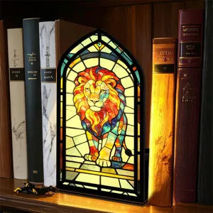 Inserzione per libreria con leone in vetrata lampada acrilica fermalibri decorativo LED