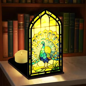 Inserto per fermalibri in legno con luce notturna decorativa a vetrate colorate pavone.