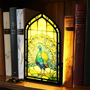Inserto fermalibri pavone in vetrata, luce notturna LED luminosa decorazione libreria.