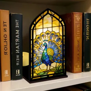 Luce notturna angolo libro pavone in vetrata per libreria e decorazione fermalibri.