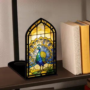 Inserimento libreria angolo in legno con vetrate colorate pavone luce notturna acrilica
