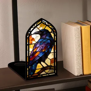 Angolo libro corvo in vetro colorato con luce notturna acrilica, fermalibri ad arco gotico.