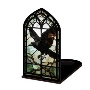 Angolo libro corvo gotico vetrata, fermalibri in legno luce notturna per scaffale.