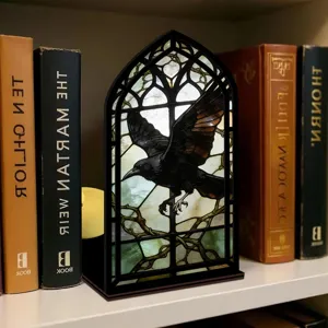 Fermalibri Corvo Gotico Luce Notturna Vetro Colorato Insert Libreria Decor