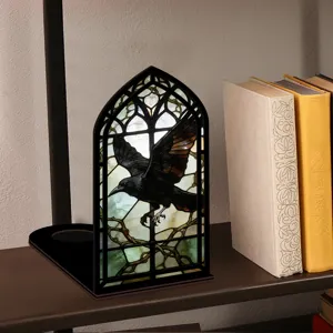 Luce notturna angolo libro corvo gotico vetrata fermalibri in legno decorazione mensola