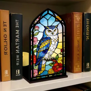 Dettaglio fermalibri gufo vetrata, luce notturna acrilico legno decorazione mensola libreria.