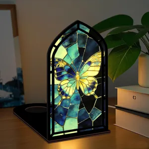 Fermalibri in legno con luce notturna acrilica a farfalla in vetro colorato luminoso.