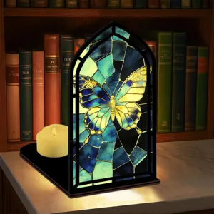 Fermalibri Angolo Libreria in Legno Vetrata Farfalla Arco Gotico Luce Notturna Scaffale