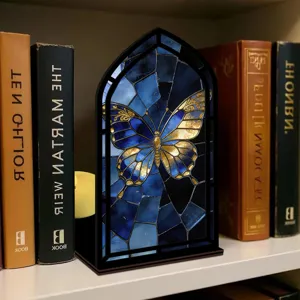 Insertto book nook in legno con luce notturna acrilica a farfalla blu per scaffale.