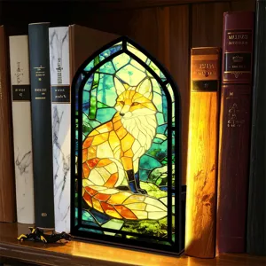 Luce notturna fermalibri volpe stile vetrate, lampada decorativa in legno per scaffale.
