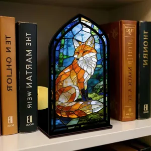 Inserto fermalibri volpe in vetrata, decoro per libreria in legno con luce notturna.