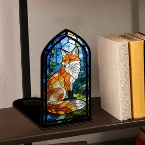 Fermalibri legno volpe vetrata acrilico luce notte libreria decorazione angolo lettura.