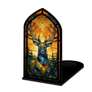 Fermalibri in legno inserto angolo libro con design cervo in vetrata e luce notturna.