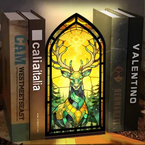 Luce notturna fermalibri cervo vetrate, decorazione mensola arco gotico acrilico.
