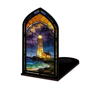 Inserto per angolo libri in legno con faro finestra ad arco luce notte per mensola.