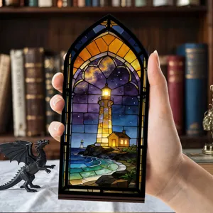Luce notturna per angolo libro in acrilico legno inserto scaffale faro in vetro colorato.