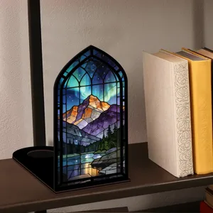 Fermalibri in legno luce notturna acrilico arco gotico paesaggio inserto mensola