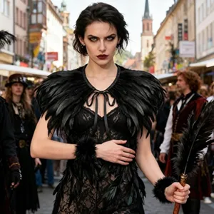 Gothic black feather cape and lace dress set for Halloween cosplay and dark party outfits.