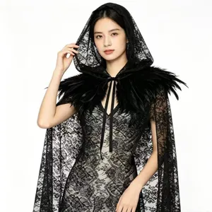 Dark Lace Hooded Cape With Feather Trim Halloween Witch Cosplay Party Cloak Women Long Shawl