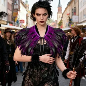Detailed view of the gothic black and purple feather shawl cape for costume party events.