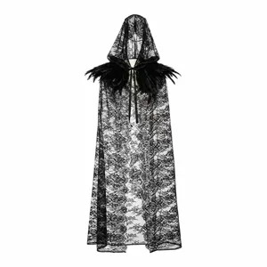 Black lace hooded cloak with feather collar, gothic witch cape for Halloween party costumes.