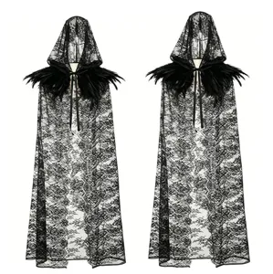 Black lace hooded cape with feather trim Halloween gothic witch cosplay party shawl cloak.