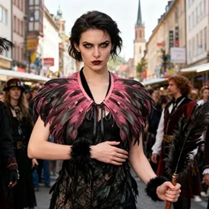 Gothic feather cape and accessories for Halloween cosplay party, dark style feather shawl.