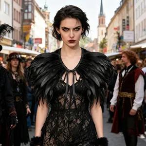 Gothic black feather cape shawl for Halloween cosplay party and dark fashion styles.