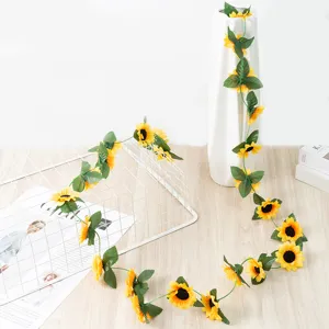 Artificial sunflower vine garland for home decor, faux silk flower hanging plant for wall.