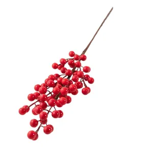 Artificial red berry branch for Christmas New Year home decoration floral arrangement supply.