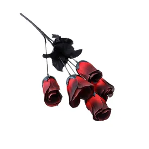 Gothic 5-head artificial black roses for Halloween party decor, dark aesthetic fake flower bundle.