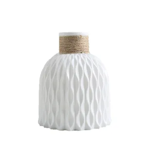 Nordic white plastic flower vase with twine rope, modern vertical striped home decor plant pot