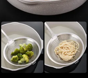 Stainless steel kitchen colander skimmer strainer for noodles, dumplings, and frying. Durable tool.