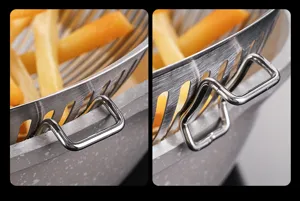 Close-up detail of stainless steel kitchen strainer basket hook and foldable handle design.