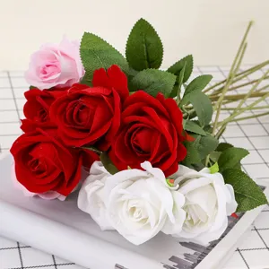 Artificial velvet roses bouquet home wedding decoration red white pink silk flowers bouquet
