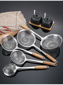 Stainless steel skimmer spoon with wooden handle, mesh strainer for kitchen, hot pot and frying.