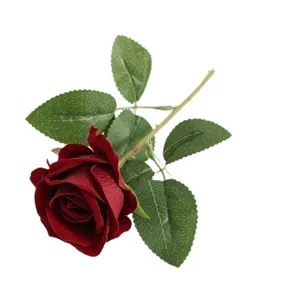 Single stem artificial red velvet rose flower for home wedding party decoration.