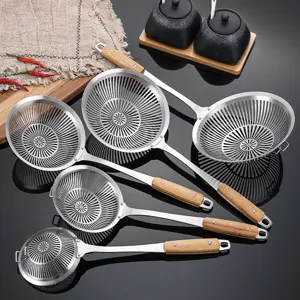 Stainless steel mesh skimmer with wooden handle kitchen utensil set for cooking main view