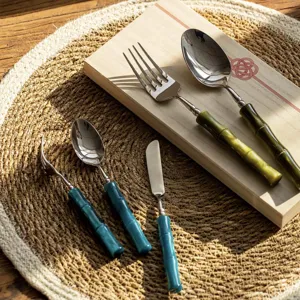Stainless steel cutlery set with creative bamboo joint handles, detailed tableware close-up view.