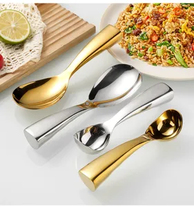 Close-up details of 304 stainless steel rice spoons in gold and silver, showcased with meal.