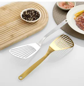 Stainless steel kitchen spatula metal cooking tool for frying steak and fish household use.
