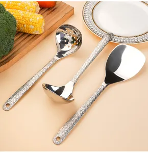 Stainless steel kitchen utensils set with hammered handles including soup ladle and colander.