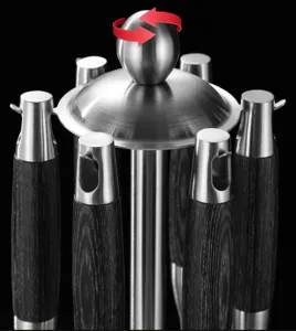 Stainless steel rotating kitchen utensil holder set with wooden handles for cooking tools.