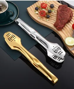 Stainless steel food tongs detail, crown design kitchen BBQ tongs, gold and silver color.