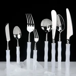 Luxury 304 stainless steel cutlery set with white bamboo handle for western dining.