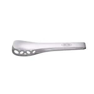 Stainless steel kitchen food tongs with hollow design, ideal for barbecue, steak, and cooking use.