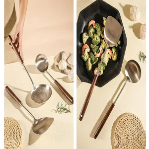 Stainless steel kitchen utensil set with wooden handle durable spatula ladle for cooking.