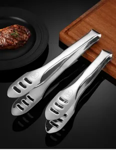 Detail view of 316 stainless steel kitchen food tongs, perfect for barbecue, steak, and buffet.
