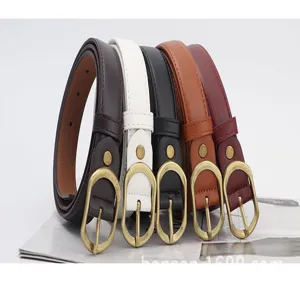 Detailansicht von Damen Mode Freizeitleinen PU Ledergürtel mit metallischen Ovalschnallen.